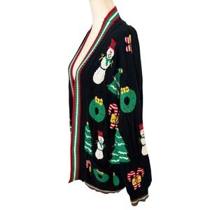 NEW Black Medium Christmas Cardigan Sweater Snowman Tree Candy Cane